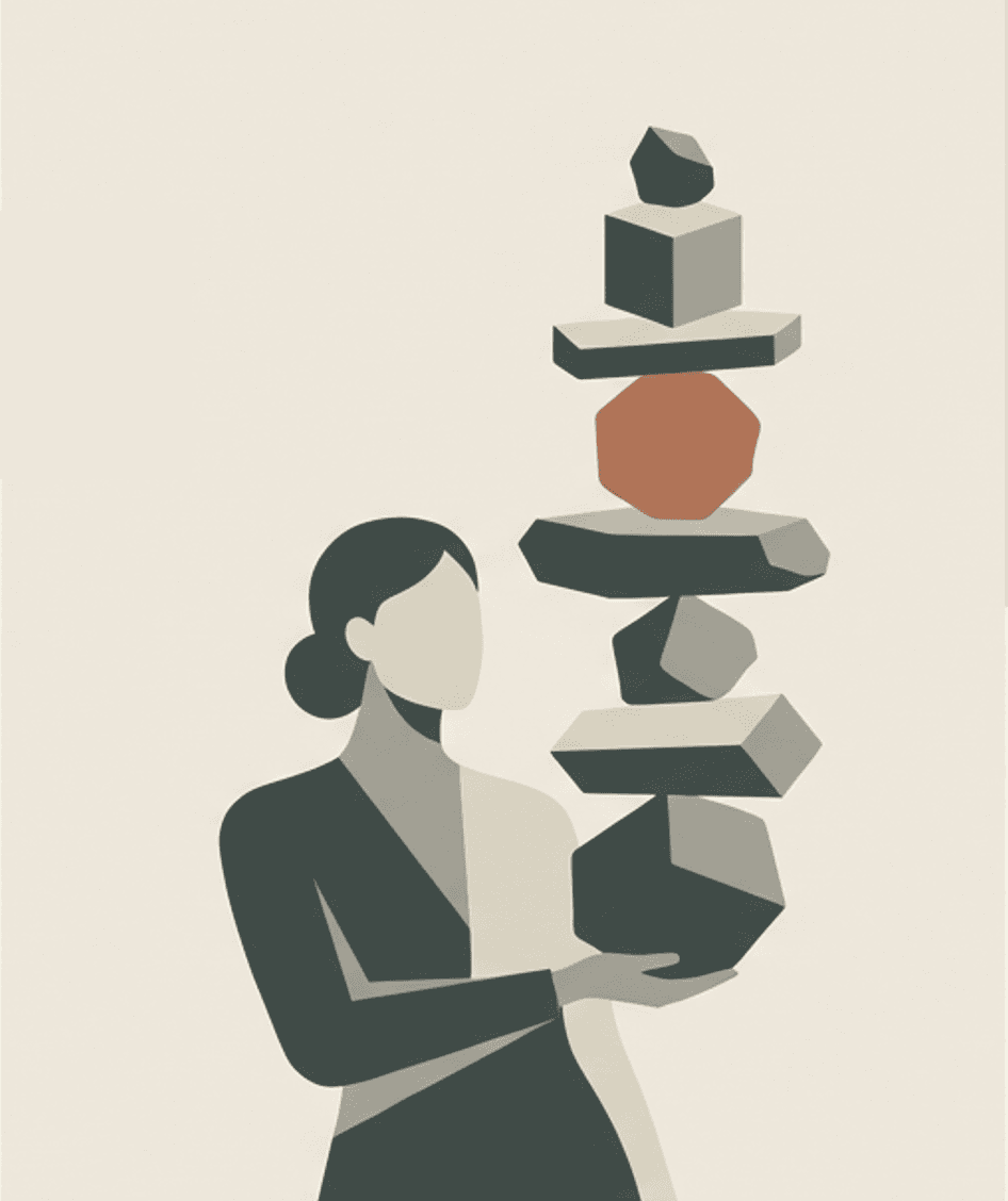 A woman carefully balancing geometric stones